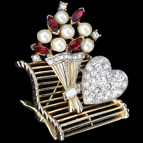 Trifari 'Alfred Philippe' 'Paris in the Spring' Pearls and Rubies Bunch of Flowers and Pave Heart on a Park Bench Valentine Pin