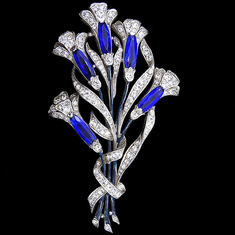 Trifari 'Alfred Spaney' Pave Enamel and Sapphire Lozenges Five Flower Calla Lily Floral Spray Pin