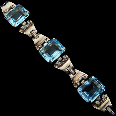 Trifari Sterling 'Alfred Philippe' Gold Pave and Square Cut Aquamarines Tank Bracelet
