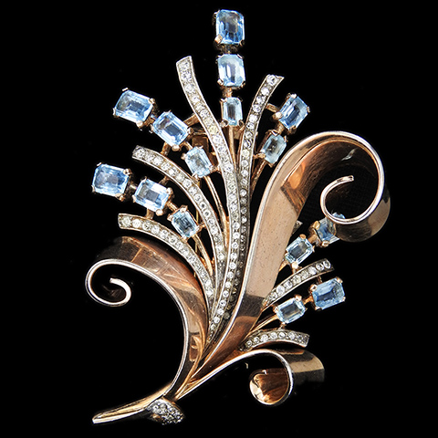 Trifari Sterling 'Alfred Philippe' Gold Pave and Aquamarines Floral Spray Bow Swirls Pin Clip