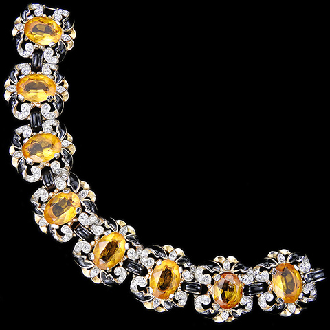 Trifari 'Alfred Philippe' 'Empress' Gold Citrine and Black Enamel Pave Scrolls Eight Link Bracelet