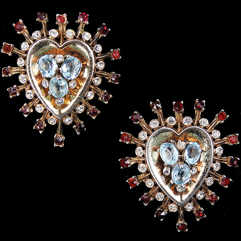 Trifari Sterling 'Alfred Philippe' Gold Aquamarine and Ruby Heart Clip Earrings