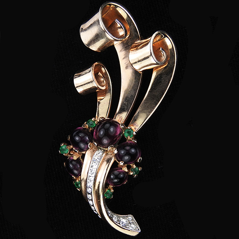 Trifari Sterling 'Alfred Philippe' Gold Pave Amethyst and Emerald Cabochons Triple Bow Swirls Pin