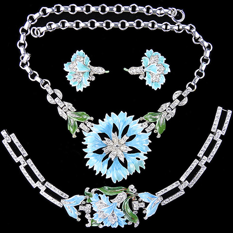 Trifari 'Alfred Philippe' 'Rue de la Paix' Pave and Enamel Light Blue Carnation Flower Necklace, Bracelet and Clip Earrings Set