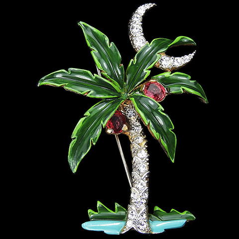 Trifari 'Alfred Philippe' Pave Enamel and Ruby Coconuts Palm Tree and Moon Pin