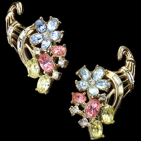 Trifari 'Alfred Philippe' 'Fragonard' Aquamarine Pink Topaz and Citrine Flowers Cornucopia Clip Earrings