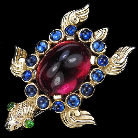 Trifari 'Alfred Philippe' Sapphire and Ruby Cabochon 1956 Production Moghul Turtle Pin