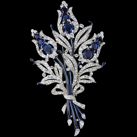 Trifari 'Alfred Philippe' Pave Blue Enamel and Sapphires Giant Three Flower Floral Spray Pin Clip