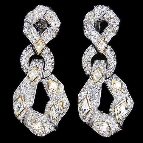 Trifari Modernist Diamante and Gold Diamonds Bowknot Pendant Clip Earrings