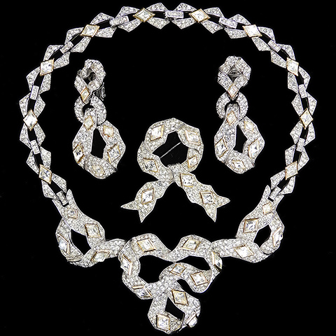 Trifari Modernist Diamante and Gold Diamonds Bowknot Necklace Pin and Pendant Clip Earrings Set