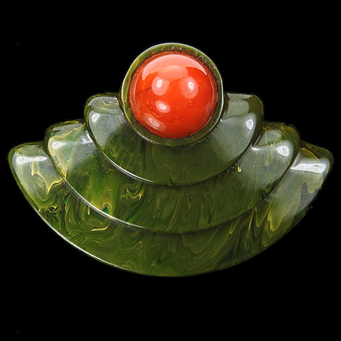 KTF Trifari 'Maggie Rouff' Green and Red Marbled Bakelite Dress Clip