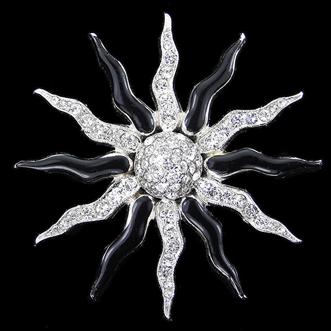 KTF Trifari 'Alfred Philippe' Pave and Black Enamel Shimmering Twelve Pointed Star Starflower or Starburst Pin