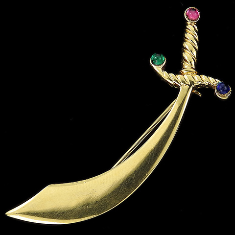Trifari Gold and Tricolour Cabochons Cutlass Scimitar Sword Pin