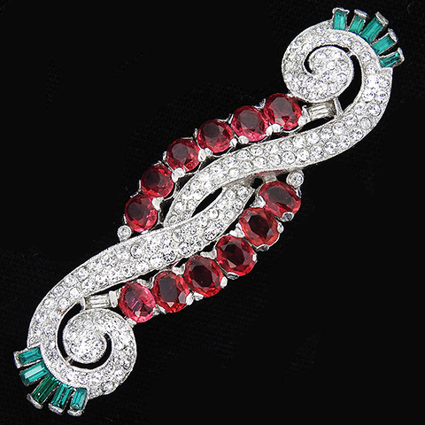 KTF Trifari 'Alfred Philippe' 1930s Jewels of India Pave Rubies and Emerald Baguettes Double Sinuous Bow Swirl Bar Pin