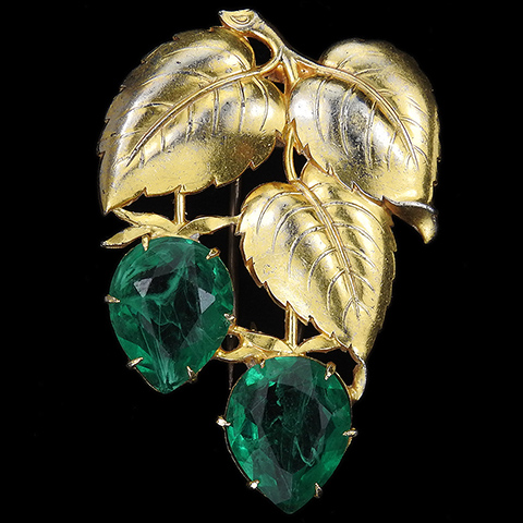 Trifari 'Alfred Philippe' Gold Leaves and Teardrop Flawed Emerald Fruits Pin Clip