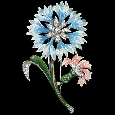 Trifari 'Alfred Philippe' 'Rue de la Paix' Pave and Enamel Light Blue and Pink Carnations Flower Pin Clip