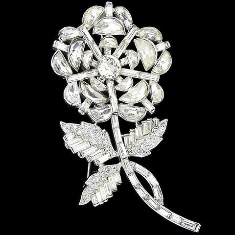 Trifari 'Alfred Philippe' 'Rue de la Paix' Pave Diamante Demilunes and Baguettes Flower with Leaves Pin