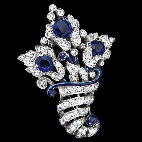 Trifari 'Alfred Philippe' Pave Sapphire and Blue Enamel Cornucopia Three Flowers Pin Clip