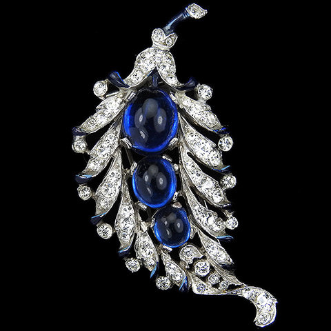 Trifari 'Alfred Philippe' Pave Sapphire Cabochons and Blue Enamel Leaf Pin Clip
