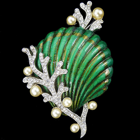 Trifari 'Alfred Philippe' 'Tropical Fantasies' Gold-Dusted Green Enamel Scallop Seashell with Pave and Pearl Coral Pin