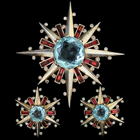 Trifari Sterling 'Alfred Philippe' Aquamarine and Ruby Baguettes Starburst Star Pin and Clip Earrings Set