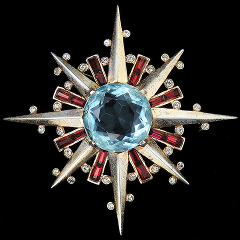 Trifari Sterling 'Alfred Philippe' Aquamarine and Ruby Baguettes Starburst Star Pin