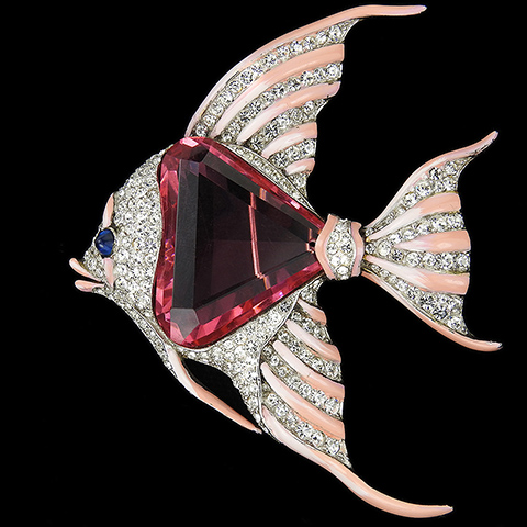 Trifari 'Alfred Philippe' Gold Pave and Pink Enamel Faceted Pink Topaz Belly Angelfish Fish Pin Clip