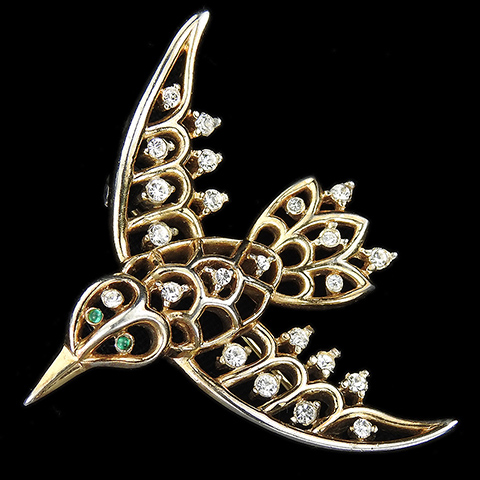 Trifari 'Alfred Philippe' Gold Openwork and Diamante Spangles Flying Kingfisher Bird Pin