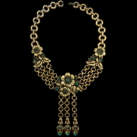 Trifari 'Alfred Philippe' 'Regence' Gold Chains and Emerald Spangled Roses Multiple Flowers Triple Pendant Necklace 