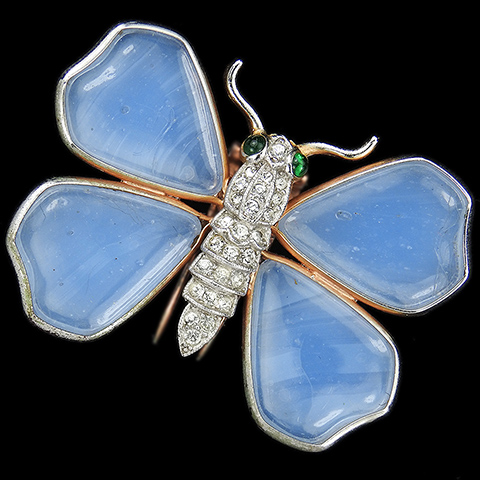 Trifari 'Alfred Philippe' Gold Pave and Aqua Poured Glass Butterfly Pin Clip