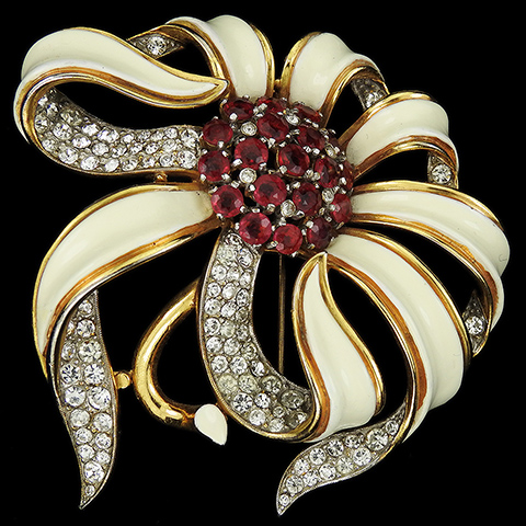 Trifari 'Alfred Philippe' Gold Pave White Enamel and Rubies Passion Flower Pin Clip