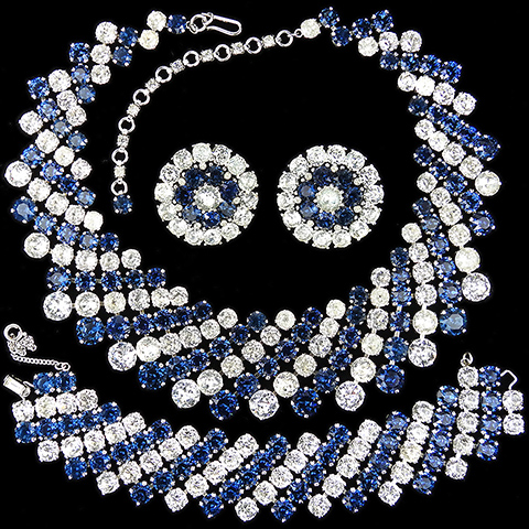 Trifari 'Alfred Philippe' 'Regency' Sapphire and Diamond Stripes Collar Necklace Bracelet and Clip Earrings Set