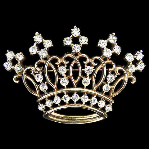 Trifari 'Alfred Philippe' Gold Openwork Swirls and Diamante Spangles Royal Crown Pin