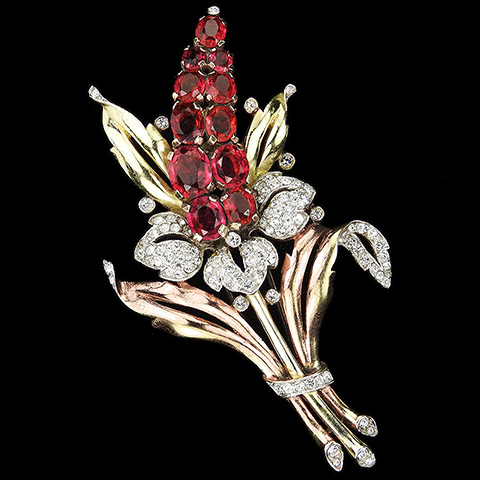Trifari 'Alfred Philippe' Pave Two Colour Gold and Rubies Lupin Floral Spray Flower with Leaves Pin Clip