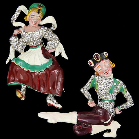 Trifari 'David Mir' 'Ivan and Tania' WW2 US Allies Patriotic Pave and Enamel Pair of Russian Dancers Pin Clips