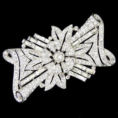 Trifari 'Alfred Philippe' Pave and Baguettes Deco Scrolls with Flower and Leaves Bow Pin