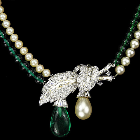 Trifari 'Alfred Philippe' Pave and Baguette Leaves Alternating Strands of Pearls and Emerald Glass Beads Double Teardrop Necklace 