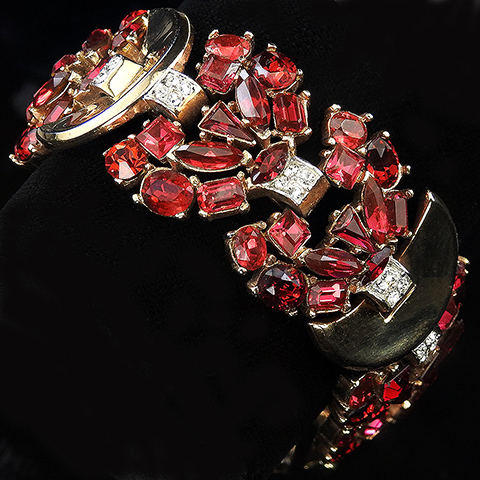 Trifari 'Alfred Philippe' Gold and Gemset Rubies Half Moons Link Bracelet