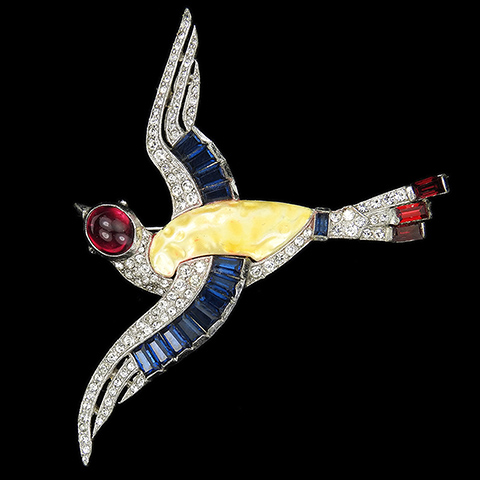 Trifari 'Alfred Philippe' WW2 US Patriotic Red White and Blue Pave Pearl Belly Ruby and Invisibly Set Sapphires Flying Bird Pin