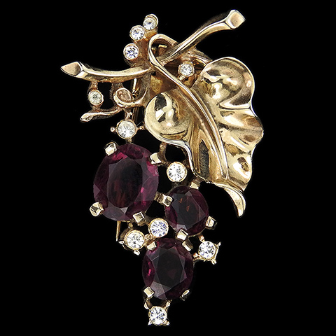 Trifari 'Alfred Philippe' Gold Spangles and Amethyst Smaller Three Grapes on a Vine Pin Clip