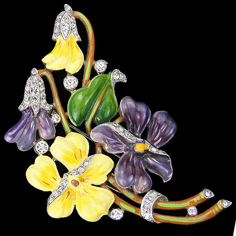 Trifari 'Alfred Philippe' Pave and Enamel Purple and Yellow Pansy Floral Spray Pin Clip