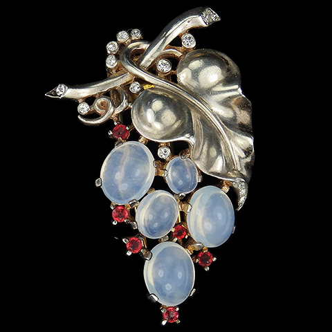 Trifari Sterling 'Alfred Philippe' Large White Moonstone Cabochon and Ruby Spangles Grapes on Vine Pin Clip