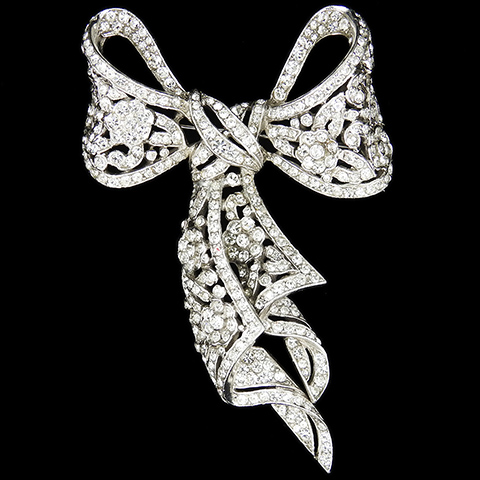 Trifari 'Alfred Philippe' Pave Openwork Flower Circles Pattern Floral Bow Pin