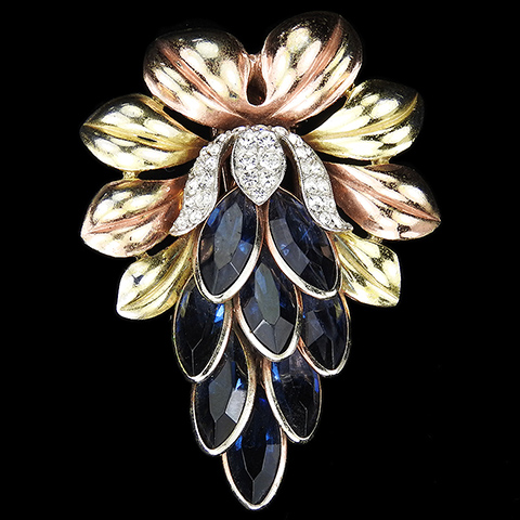 Trifari 'Alfred Philippe' Pave Two Colour Gold and Sapphires Lotus Flower Pin Clip