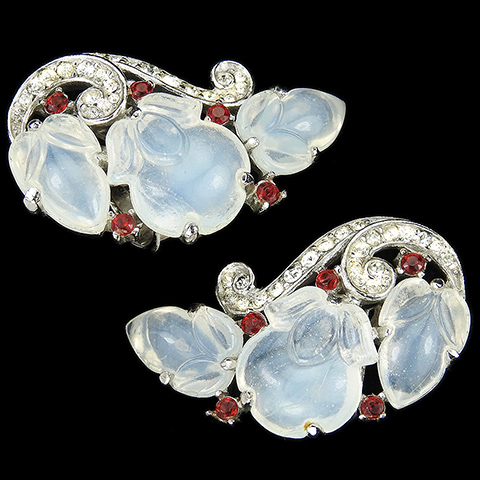 Trifari 'Alfred Philippe' Moonstone Fruit Salads and Ruby Spangles Clip Earrings