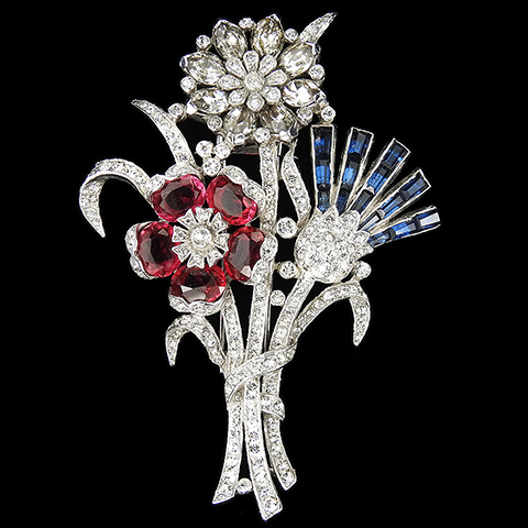 Trifari 'Alfred Philippe' Pave WW2 Patriotic Red White and Blue British Rose Flowering Shamrock and Thistle Pin Clip