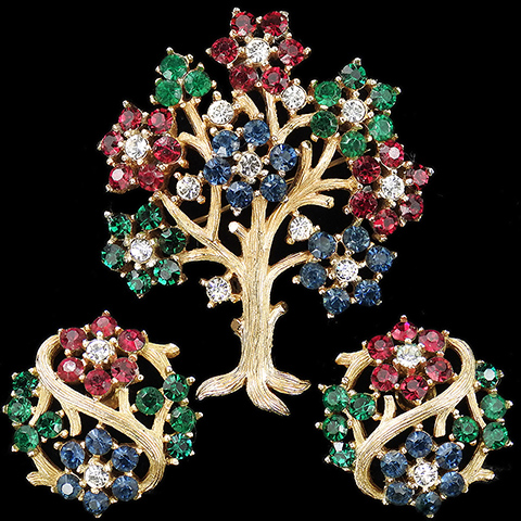 Trifari 'Alfred Philippe' Gold and Tricolour Stones Flowering Tree of Life Pin and Button Clip Earrings Set