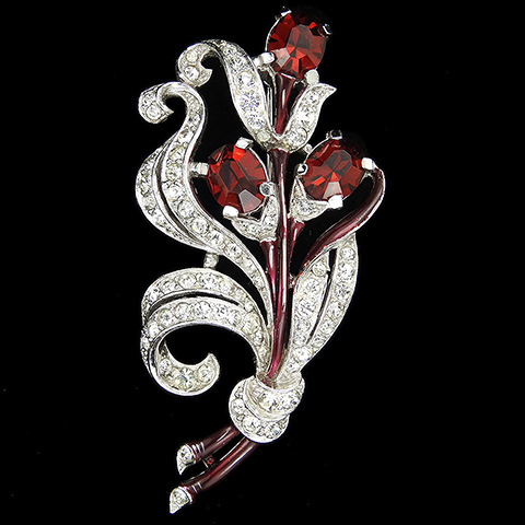 Trifari 'Alfred Philippe' Pave Leaves Three Ruby Flowers and Red Enamel Stems Floral Spray Pin