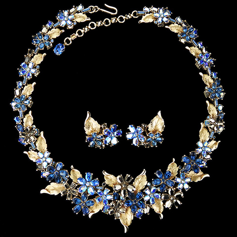 Trifari 'Alfred Philippe' Textured Gold Leaves with Sapphire Hematite and Blue Aurora Borealis Flowers Necklace and Clip Earrings Set