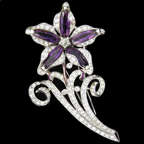 Trifari 'Alfred Philippe' Pave Enamel and Amethyst Five Pointed Star Flower Pin Clip